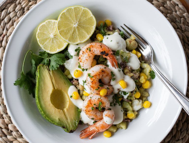 Grilled Shrimp Bowl with Avocado, Corn Salsa & Creamy Sauce